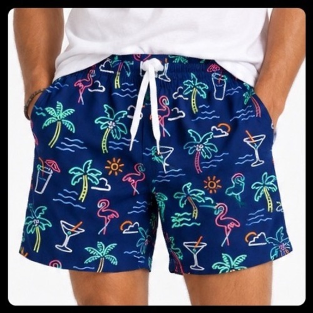 Chubbies The Neon Lights Swim Trunks Men XL Navy Blue Flamingo Palm Stretch 5.5"